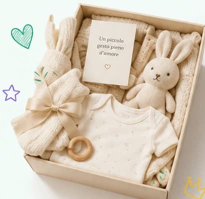 Confezione regalo nascita con tutina, copertina, sonaglio e peluche per neonati